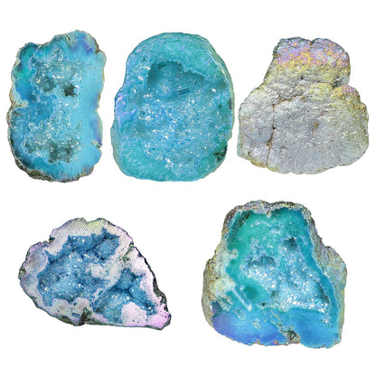 SUNYIK Natural Rainbow Titanium Coated Quartz Geode Quartz Crystal Cluster Specimen for Home Office Decoration Reiki Healing Meditation, 100-200g(0.2-0.4lb), Blue