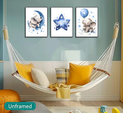 3Pcs Blue Nursery Elephant Canvas Wall Art Baby Boy Wall Decor Cute Animal Painting Pictures Moon And Stars Balloon Poster Prints for Nursery Classroom Kids Room Bedroom Home Decoration 12X16unframed