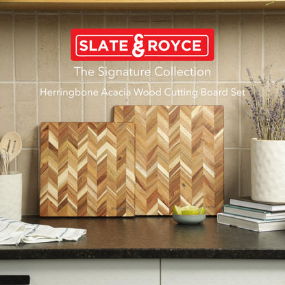 SLATE & ROYCE Herringbone Acacia Wood Cutting Board Set of 2 — Premium Wood Cutting Board & Serving Board, Non-Toxic, Kitchen Prep & Entertaining, Perfect Wedding or Housewarming Gift