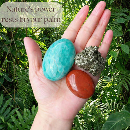 Atminafays Abundance Healing Crystal Set for Success & Good Luck -Large Amazonite,Raw Pyrite, Red Jasper for Yuga & Meditation, Travel Protection, Gift Set with Guidebook & Velvet Pouch