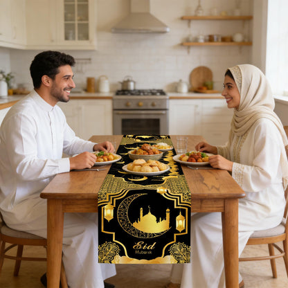 Ramadan Mosque Linen Table Runner: Black and Gold Mosque Moon Tablerunner Muslim Eid Al-fitr Eid Mubarak Perfect for Ramadan Party Home Kitchen Dining Mantel 13×72Inches(1 Pcs)