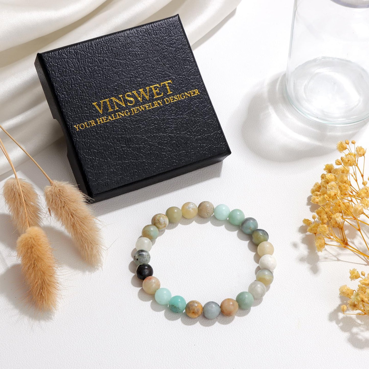 Vinswet Healing Crystal Bracelets for Women Men 8mm Amazonite Natural Stone Beaded Stretch Bracelet Handmade Gemstone Reiki Spiritual Jewelry Gifts