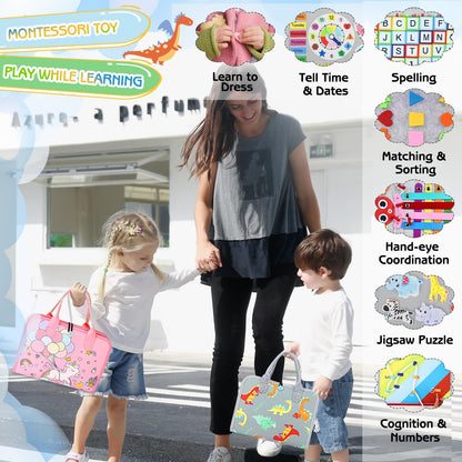 Esjay Montessori Sensory Garden Plush Set and Busy Board, Developmental Learning Toys with Rattle Squeaker Mirror Texture Tissue, Grey Dinosaur