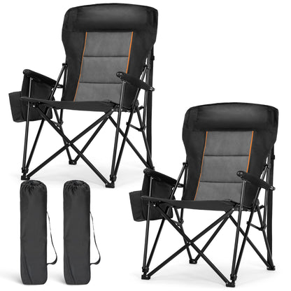LET'S CAMP Oversized Camping Chairs 29.52" High Back Heavy Duty Lawn Chair Support 500LBS, Portable Collapsible Chair with Cup Holder, Side Pocket,2 Pack(Black)