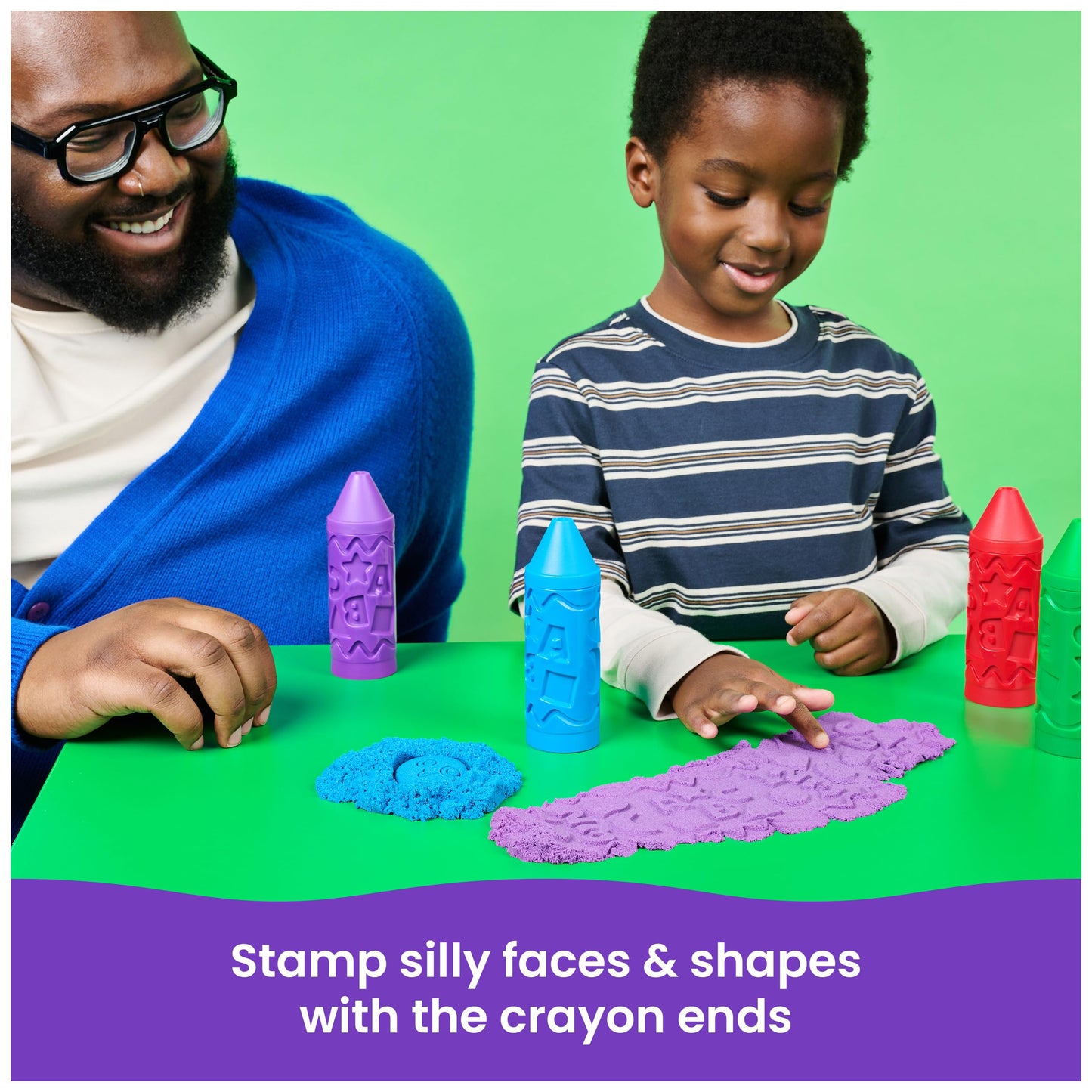 Kinetic Sand, Stamp N' Roll Crayon Multi-Pack with 12 oz Purple, Green, Blue & Red Play Sand, Toddler Toys, Arts and Crafts Kids Toys for Girls & Boys Ages 3 and up