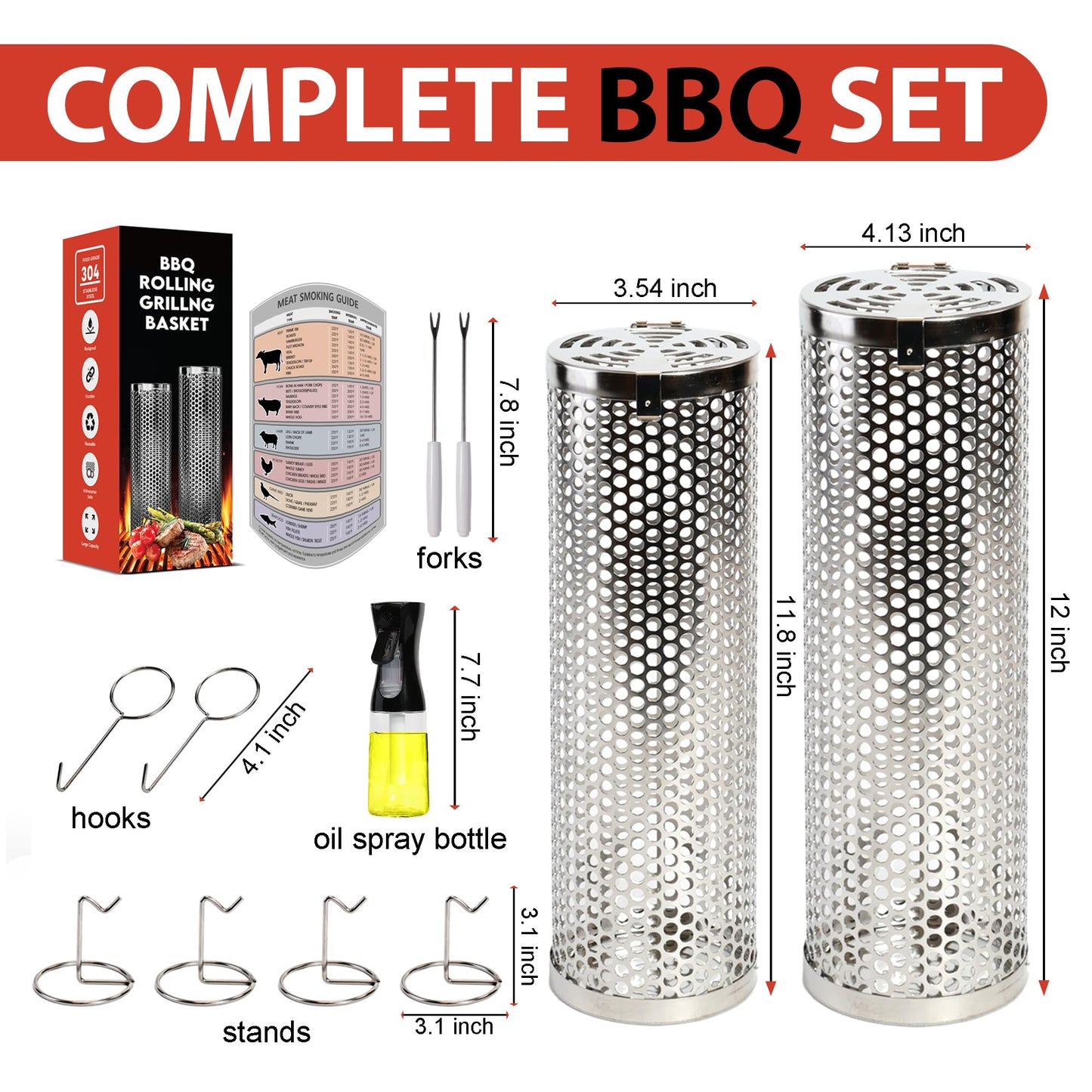 Rolling Grilling Baskets (2 PCS) - 360° Heavy Duty Stainless Steel BBQ Basket, Complete Set for Outdoor Cooking and Party