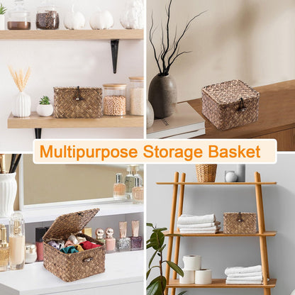 Hipiwe Seagrass Basket with Lid Wicker Storage Basket Square Handwoven Decorative Baskets Box for Shelf Multipurpose Household Baskets Home Decor,X-small