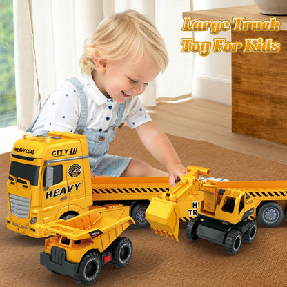 lonfypeng 3-in-1 Construction Truck Toy for Ages 3-6 – 25.6 Inch Extra-Large Semi-Truck with Lights & Sounds, Detachable Excavator and Light & Sound Dump Truck, Inertia Vehicle Set