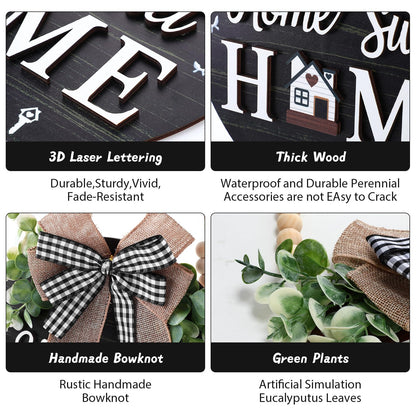 Welcome Sign for Front Door, Wooden Home Sweet Home Decor Outdoor, 3D Farmhouse Hanging Door Wreath with Artificial Greenery, Porch Welcome Sign Hanger All Year Round (Black)