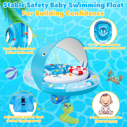GleamJoy Baby Pool Float with UPF50+ Sun Protection Canopy, Inflatable Swimming Float for Baby 6-36 Months