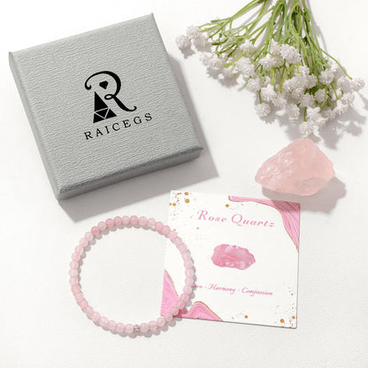 Raicegs 4MM Rose Quartz Beaded Bracelets Healing Crystal Bracelet for Women Men Natural Stone Handmade Stretch Bracelet Reiki Spiritual Jewelry