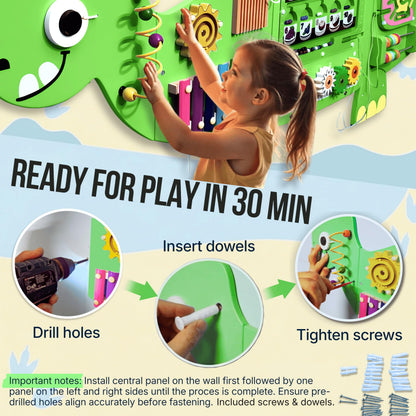 AthomBear Dinosaur Wall Busy Board with 12 Activities - Wall Toys for Toddlers 2,3,4,5 - Sensory Panel Wooden - Montessori Busy Board Learning Activity Center for Playroom and Classroom