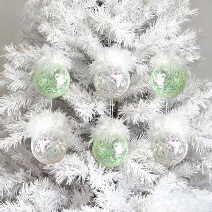 Feather Christmas Ornaments Ball for Home Décor – Clear & Soft Green Glitter Hanging Baubles, Shatterproof Modern Tree Decorations for Living Room, Fireplace, Table Styling, 6 Pack 2.36inch