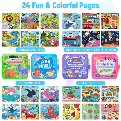 AIR BLOW Reusable Water Coloring Book for Kids, Magic Water Painting Books Toddler Travel Toys, Mess-Free Educational Activity Set, 3 Books with 3 Pens, Animal Ocean Transportation Daily Life YW1