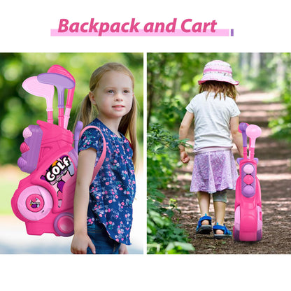 Liberry Toddler Golf Set with Putting Mat for 2 3 4 Years Old Boys Girls, Upgraded Kids Golf Cart with Unique Shoulder Strap Design, Indoor and Outdoor Golf Toys Gifts (Pink)