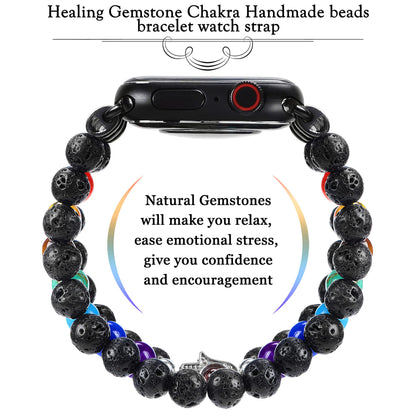 Chakra Healing Bracelet Lava Rock Protection Hamsa Hand Beaded Band Compatible with Apple Watch 10 9 8 7 SE 6 5 4 3 iwatch 38mm 40mm 42mm 44mm with Stainless Steel Adapter