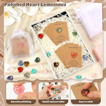 30 Pcs Heart Crystals and Healing Stones Bulk, 0.8" Polished Natural Heart Shaped Rocks Gemstones with Hug Cards Set for Meditation Balancing Chakra Reiki Valentines Mother's Day Gifts