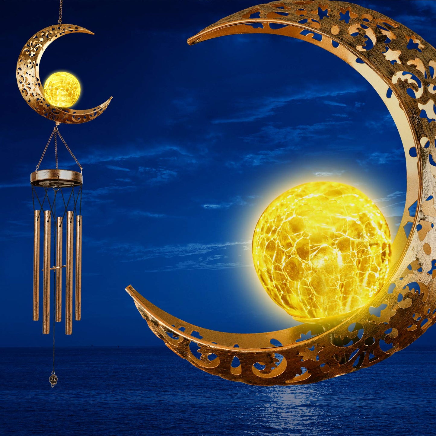 DesGully Solar Wind Chimes, Sun Wind Chime Outdoor Clearance w/Glowing Crackle Glass LED Unique Wind Bells for Outside Waterproof Chimes, Gifts for Her/Him (42" Long Metal Chimes)…