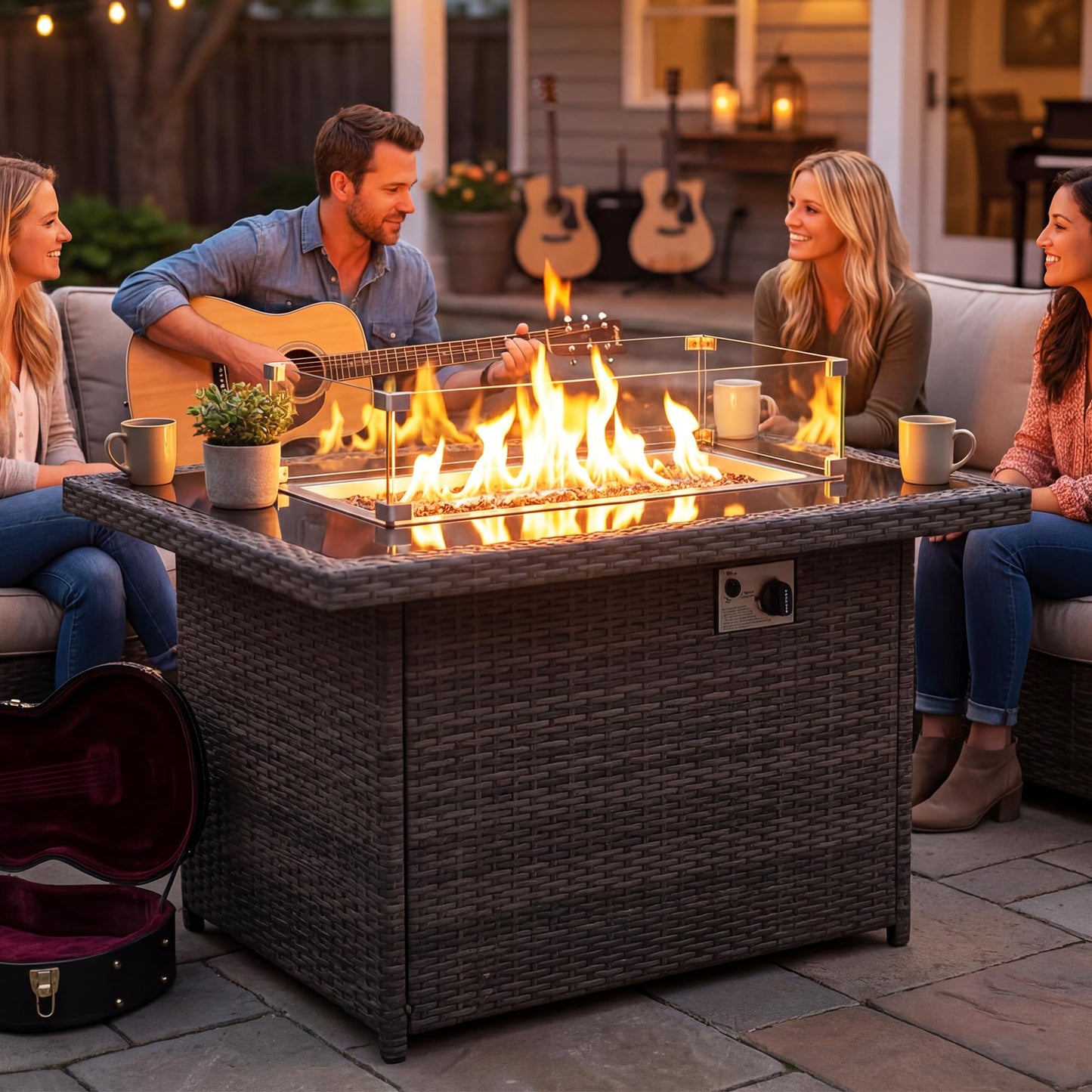 BULEXYARD PE Wicker 43" Patio Outdoor Propane Fire Pit Table with Waterproof Cover 55,000 BTU Auto-Ignition Gas Fire Pit Table with 8mm Tempered Glass Table Top and Glass Stone (Grey)