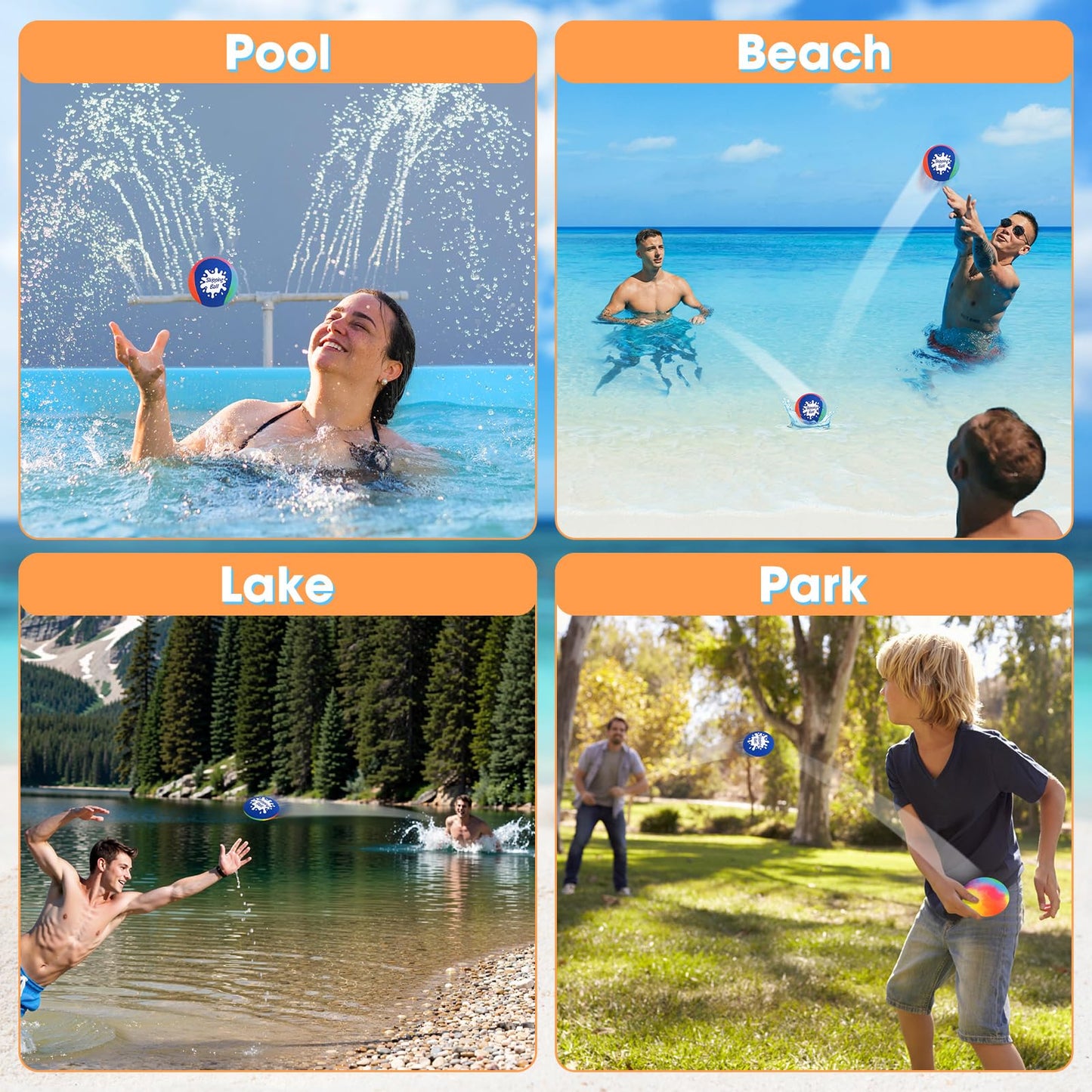 Korlon Skipping Water Ball, 4 Pack Water Bouncing Balls for Pool, Colorful Pool Toys for Swimming Game Summer Fun Lake Beach, Water Balls Toys with Mesh Bag
