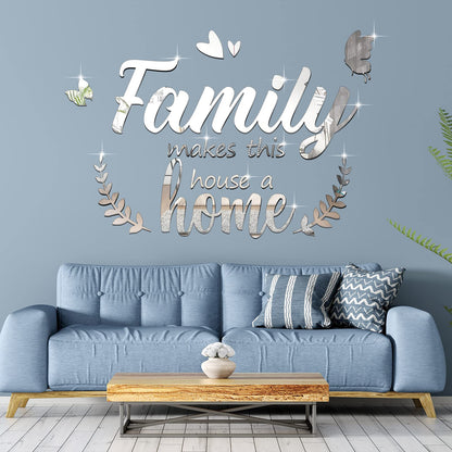 Zonon 3D Acrylic Mirror Wall Decor, Family Mirror Wall Letter Stickers, DIY Removable Family Makes This House a Home Art Decals, Inspirational Quote Decal, for Home Living Room Bedroom(Silver)