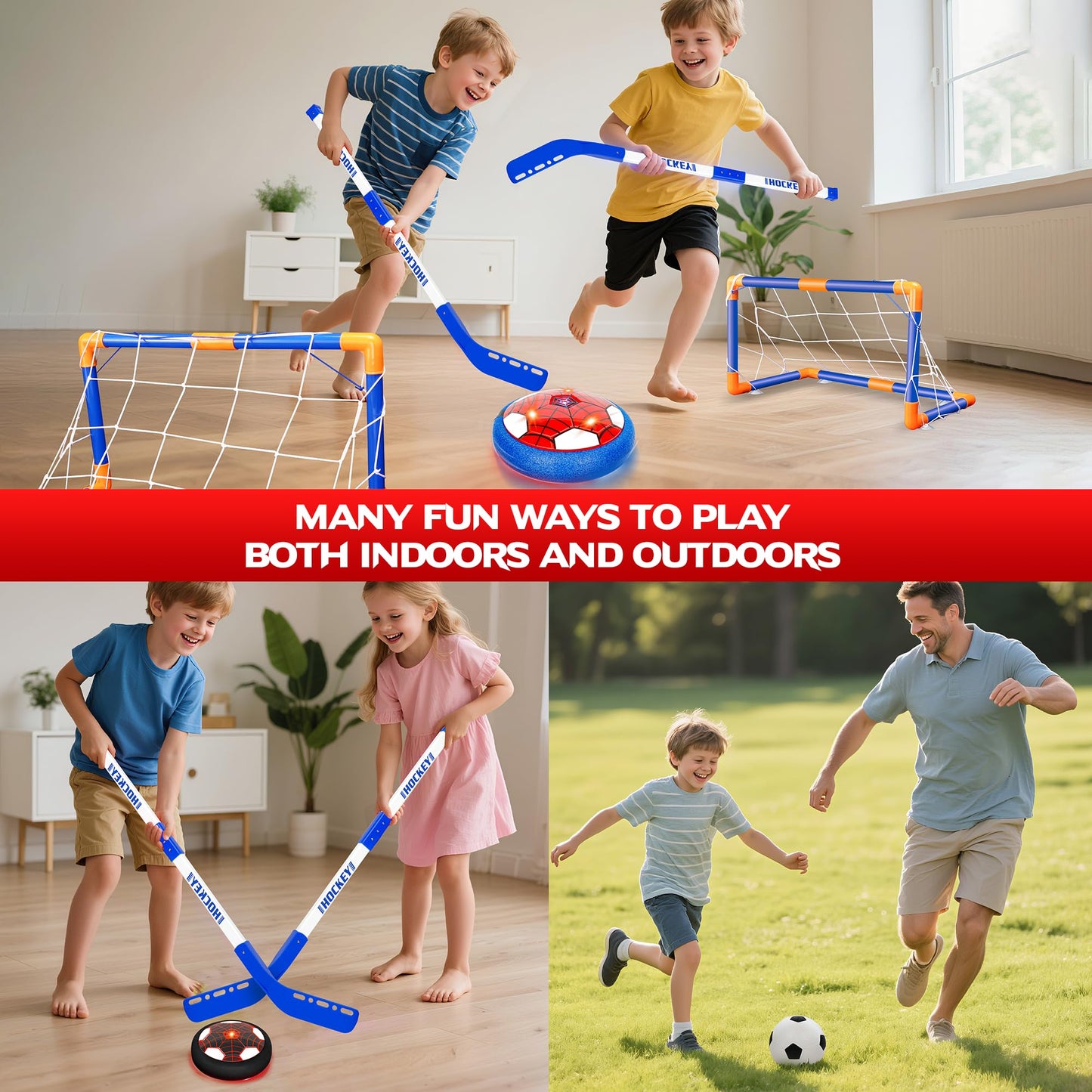 HitToys Hover Soccer Ball Toys Set for Kids, Toddler Hovering Hockey Sets, 3-in-1 Air Floating Soccer Rechargeable Toy with Led Light, Indoor Sports Games Birthday Christmas for Old Boys