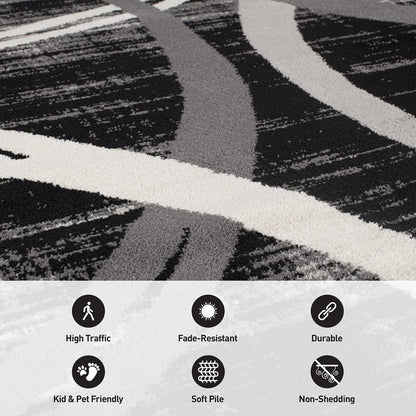 Rugshop Modern Wavy Circles Design Runner Rug, Non-Shedding Carpet for Hallway, Entryway, or Kitchen, Black, 2' x 7'2"