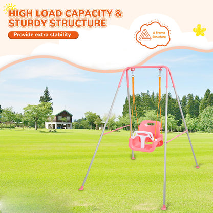 3-in-1 Toddler Swing Set, Indoor & Outdoor Baby Swing Heavy Duty Swing Set with Foldable Metal Stand for Aged 6 Months to 10 Years Old, Easy to Assemble and Store (Pink)