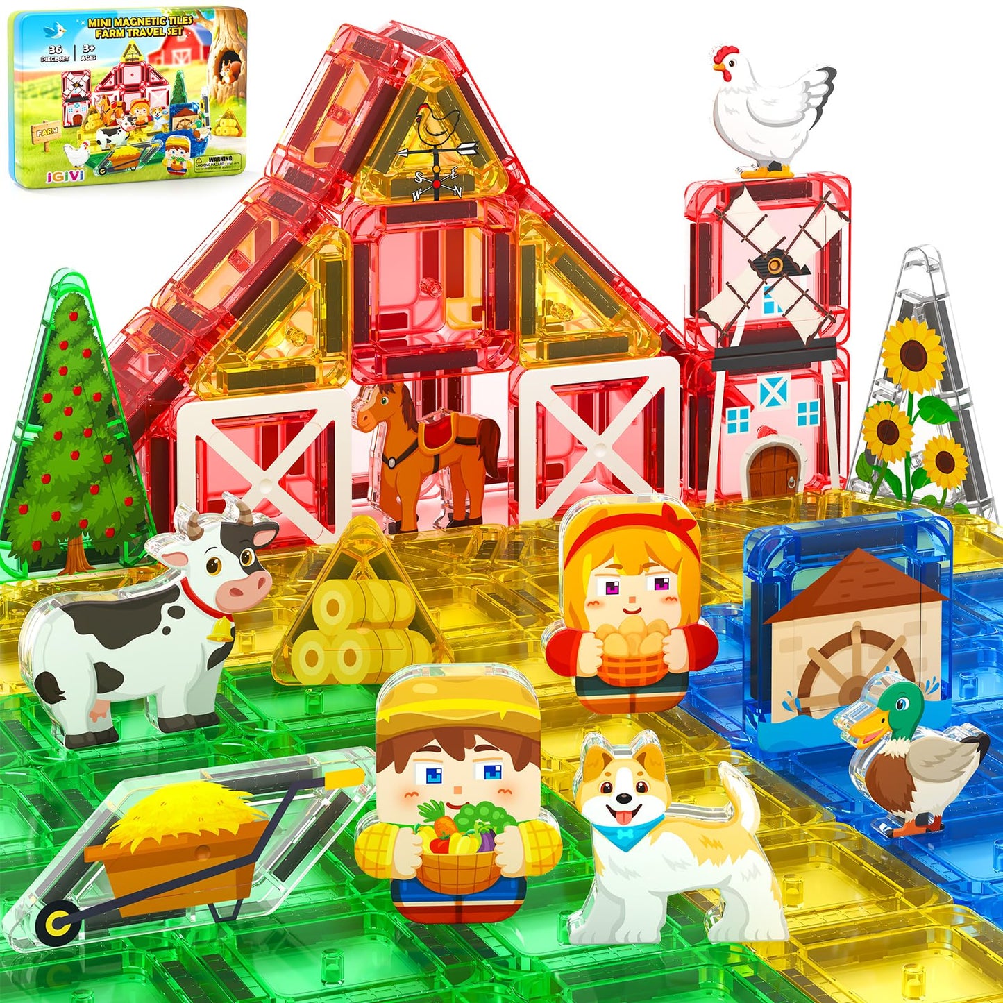 IGIVI Mini Magnetic Tiles Farm Travel Set, Magnet Building Blocks for Toddlers, STEM Travel Toys with Metal Storage Box, Preschool Classroom Must Haves, Christmas Birthdays Gifts for Kids Ages 3+