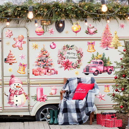 JarThenaAMCS Christmas Wall Stickers Xmas Tree Snowman Santa Wall Decals Large Pink Gold Room Mural Stickers for Winter Home Party Decor, 7.9 x 11.8 Inch, 9 Sheets