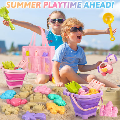 CatchCute Unicorn Collapsible Beach Toys,Sand Toys Set with Animal Foldable Buckets,Shovels,Sifter,Sand Molds,Castle Building Kit & Mesh Storage Bag,Beach Travel Essentials for Kids Toddlers