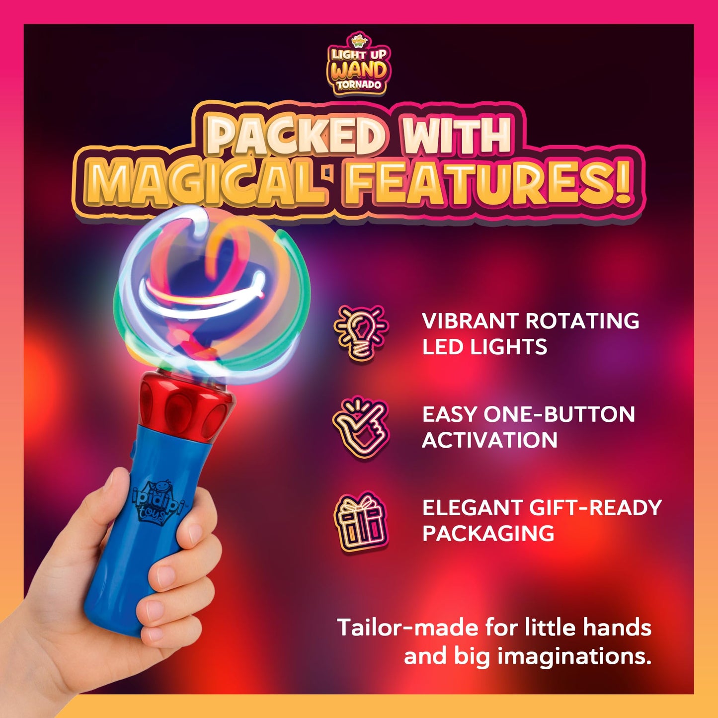 IPIDIPI TOYS Spinning Light Up Wand for Kids – LED Magic Swirling - Easter Basket Stuffers, Goodie Bag Toys - Ideal Gift, Birthday Party Favors for Boys & Girls