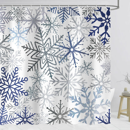 Raoycla Christmas Snowflake Shower Curtain, Blue Xmas Winter Snow Bathroom Decor, Silver Grey Snowflake Christmas Holiday Simple Shower Curtains for Bathroom 72 x 72 Inch with 12 Hooks