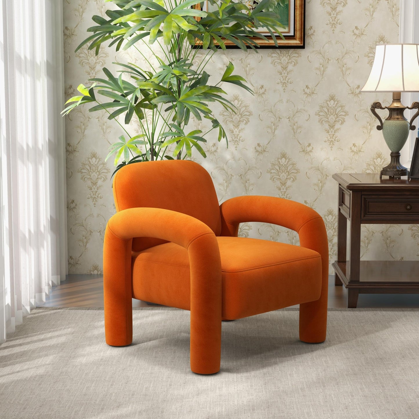 SEYNAR Modern Accent Chair, Comfy Velvet Upholstered Armchair, Cozy Vanity Chair Single Sofa, Tufted Barrel Chair Reading Chair for Living Room, Bedrooms, Corner（Orange）