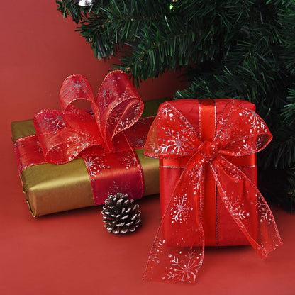 Livder 2.5 Inch Wide Christmas Wired Ribbon Snowflake Organza Sheer Glitter Ribbon for Xmas Tree, Wreath, Party Decoration, Gift Wrapping (Red, 21.9 Yards)