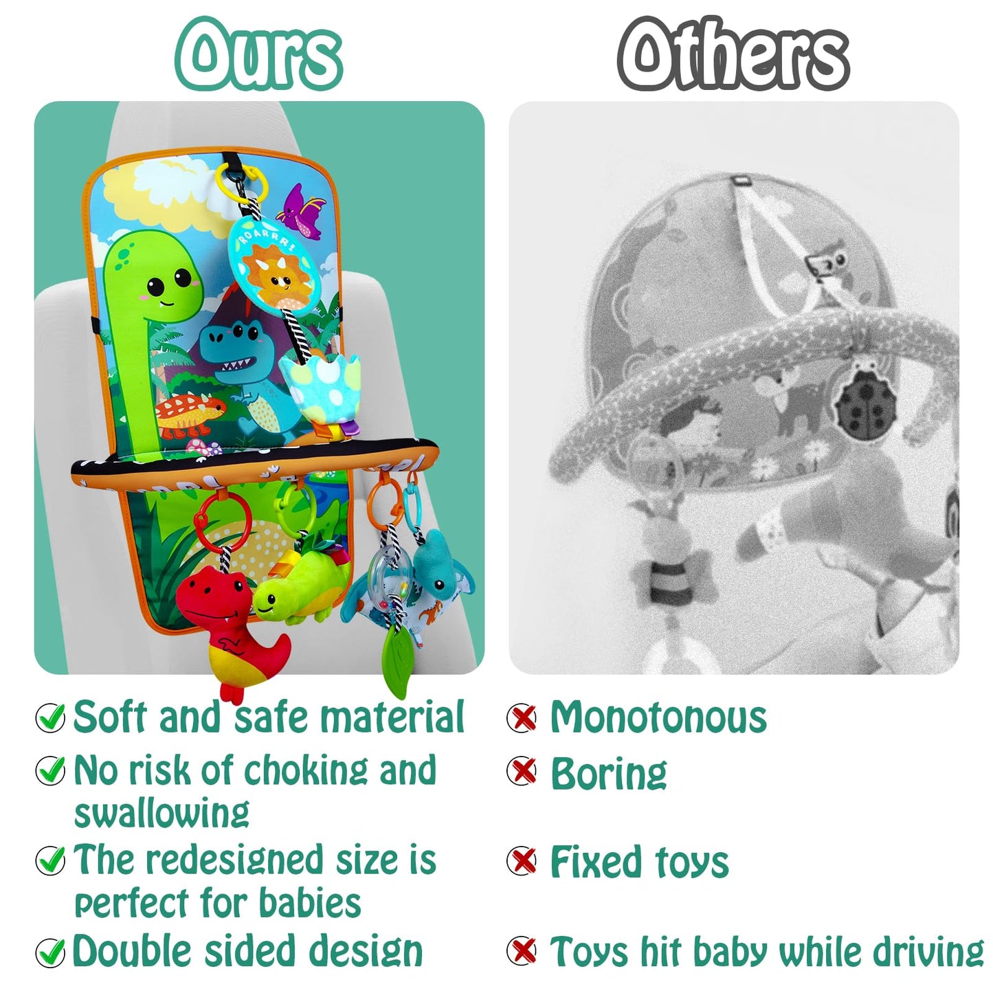 Innofans Baby Car Seat Dinosaurs Toys - Kick and Play Double Sided Infant Car Seat Toys with Plush Toys, Mirror, Teether for Baby, Babys Travel Activities, Christmas Birthday Gifts Newborn Infant Toys