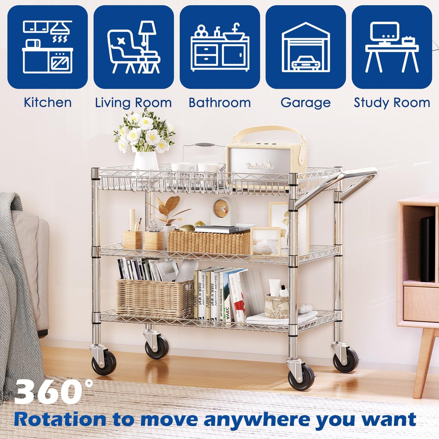 NTE Utility Cart with Wheels, 990lbs Capacity Metal 3 Tier Rolling Carts, NSF Kitchen Carts On Wheels with Storage, Heavy Duty Utility Cart with Handle & Wire Shelf for Indoor & Outdoor Use, Silver