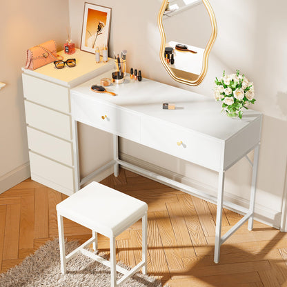 SUPERJARE 43-inch White Desk with 2 Drawers and Padded Stool, Modern Makeup Vanity & Computer Desk with Storage for Home Office, Bedroom Study