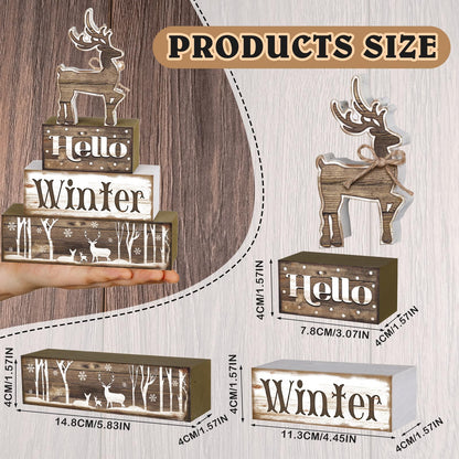 Moucuny 4 Pcs Hello Winter Table Decor Winter Tiered Tray Decor Elk Wooden Decorative Signage Centerpieces Farmhouse Wooden Block Set Table Sign for Home