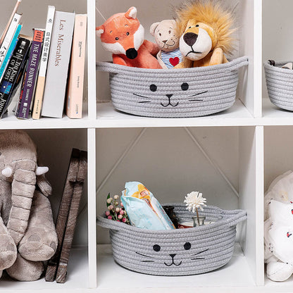 HiChen Small Woven Rope Storage Basket, Cute Cat Toy Basket for Living Room, Baby Baskets for Nursery, Gift Baskets Empty for Baby Shower, Grey, 9.8 x 4 inches