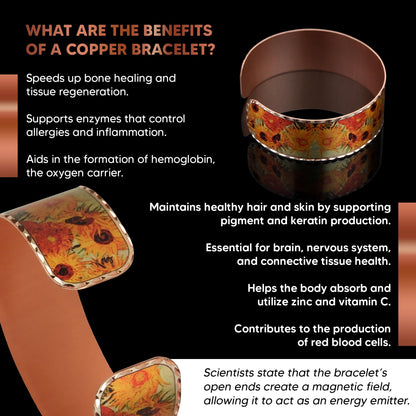 Moreni Copper Bracelet for Women – Handmade Engraved Cuff Inspired by “Sunflowers” – Artistic Pure Copper Jewelry with Gift Wooden Box