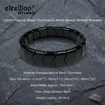 eleewoo Handmade 15mm Arrow Black Tourmaline Bracelet for Men Women, Bold Statement Grounding & Protection Crystal Jewelry, Beaded Stretch Bracelet in Premium Gift Pouch