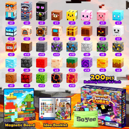 Soyee Magnetic Blocks 200 PCS - Magnetic Building Cubes Toys Build Mine Magworld Craft Cubes Portal Theme STEM Toys for Kids Ages 3-5 4-8 8-12 Birthday Gifts Boys Toys Ages 6-8