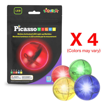 PicassoTiles Motion Activated Marbles 4pc LED Light-Up Glow in The Dark Translucent Balls for Marble Run Race Racetrack Maze Magnetic Construction Magnet Tiles Building Block STEM Education Kids Toys