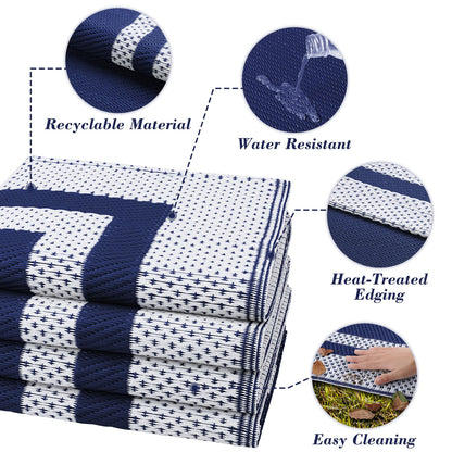 KMAT Outdoor Rug, Waterproof Reversible Patio Rugs, 5x8ft Large Outdoor Area Rug Foldable Plastic Camping Rugs for Outside RV, Patio,Picnic,Camper,Balcony,Porch (Blue &White)