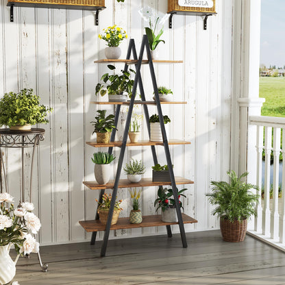 YOUDENOVA 5-Tier Ladder Bookshelf, Industrial A-Shaped Bookcase, Christmas Village Display Stand, Tall Ladder Shelf Storage Organizer for Living Room, Home Office, Black