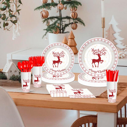 Xionpe 140-Pc Christmas Disposable Tableware Set for 20 Guests - Reindeer Themed Party Supplies with Dinner Plates, Dessert Plates, Napkins, Cups, Forks, Knives & Spoons