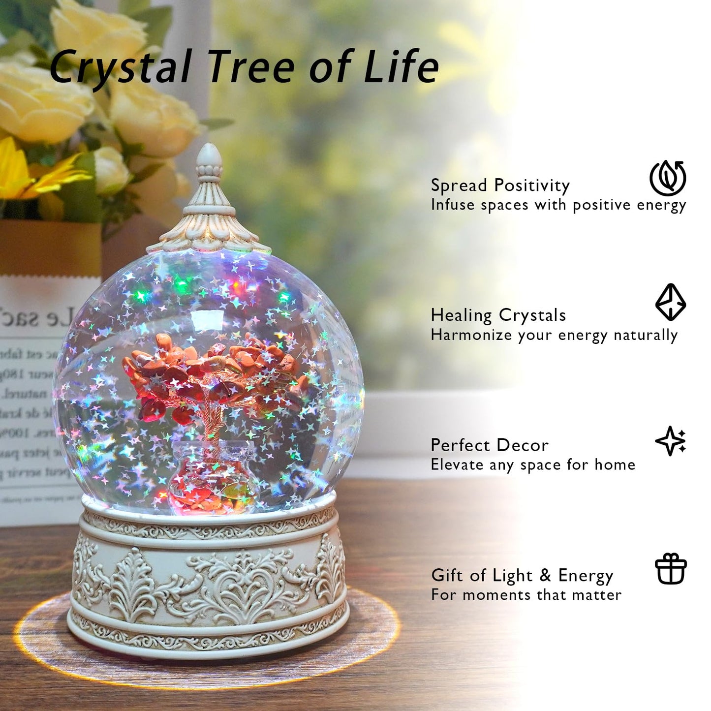 Red Jasper Healing Crystal Tree Globe with Colorful Lights Sparkling Glitter, Natural Gemstone Base, Spiritual Meditation, Positive Energy Good Luck, Home Decor, Birthday Gifts (Red Jasper)