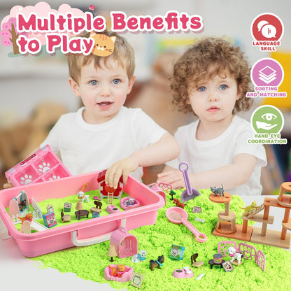 KNASON Cat and Dog Sensory Bin,Play Sand Kit for Girls and Boys with 2.2lbs Sensory Sand and Sand Box,Pet Sandbox Toys Role Pretend Play Beach Toy Birthday Present for Toddler Ages 3 4 5 6 7 8