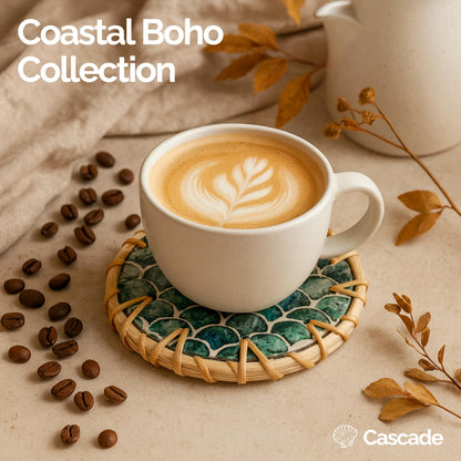 JUNGLE CULTURE Mother of Pearl Rattan Coasters for Drinks with Holder • Handmade Round Coaster Set of 6 • Sustainable Wicker Homeware • Coffee Table, Mugs, Glasses, Tiki Cups • Coastal Boho - Cascade